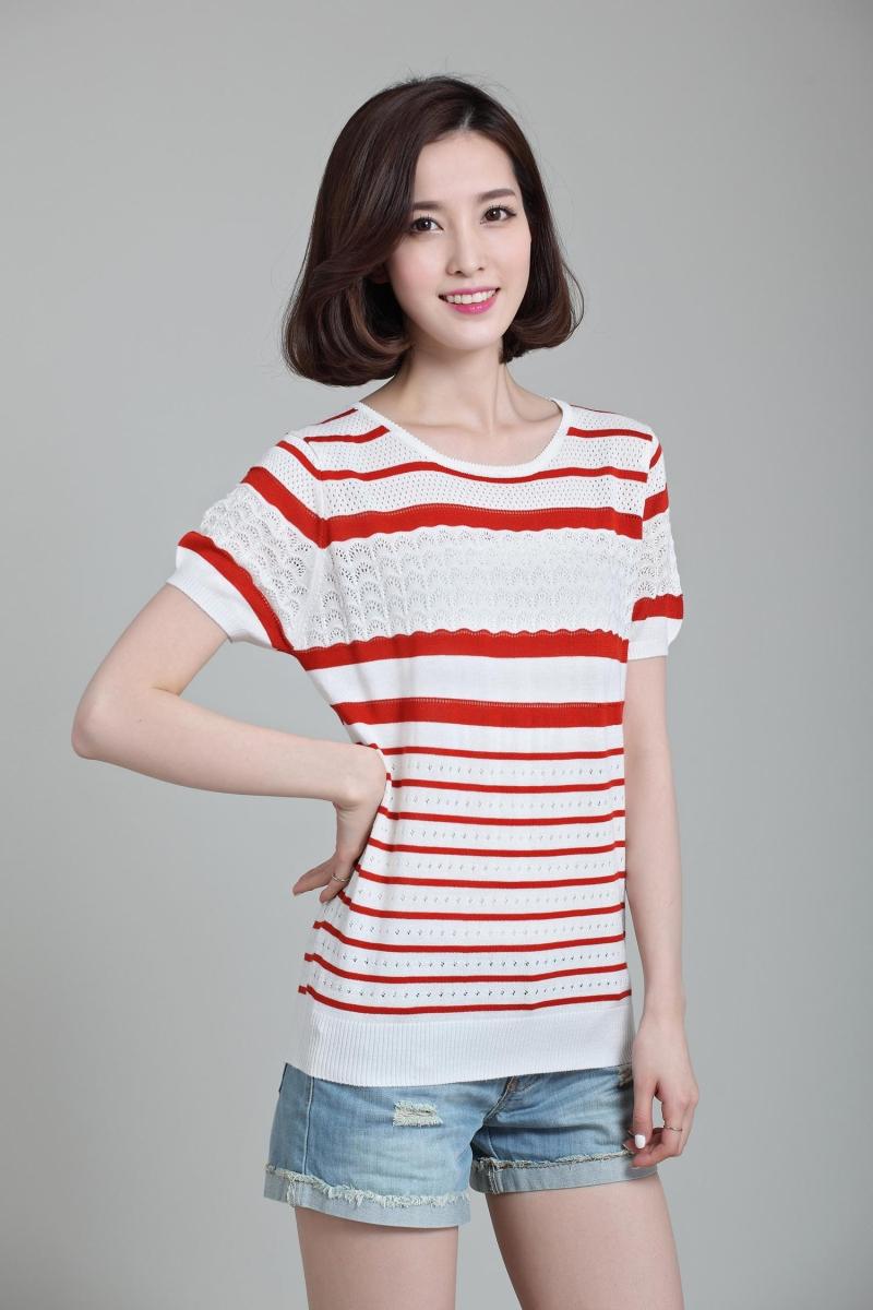 2015夏装爆款女士t恤宽松清凉t恤女镂空圆领条纹短袖地摊货源批发