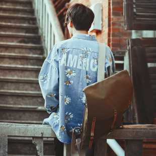 15春装新品男式牛仔外套 背身字母碎花蝙蝠袖中长款牛仔夹克男