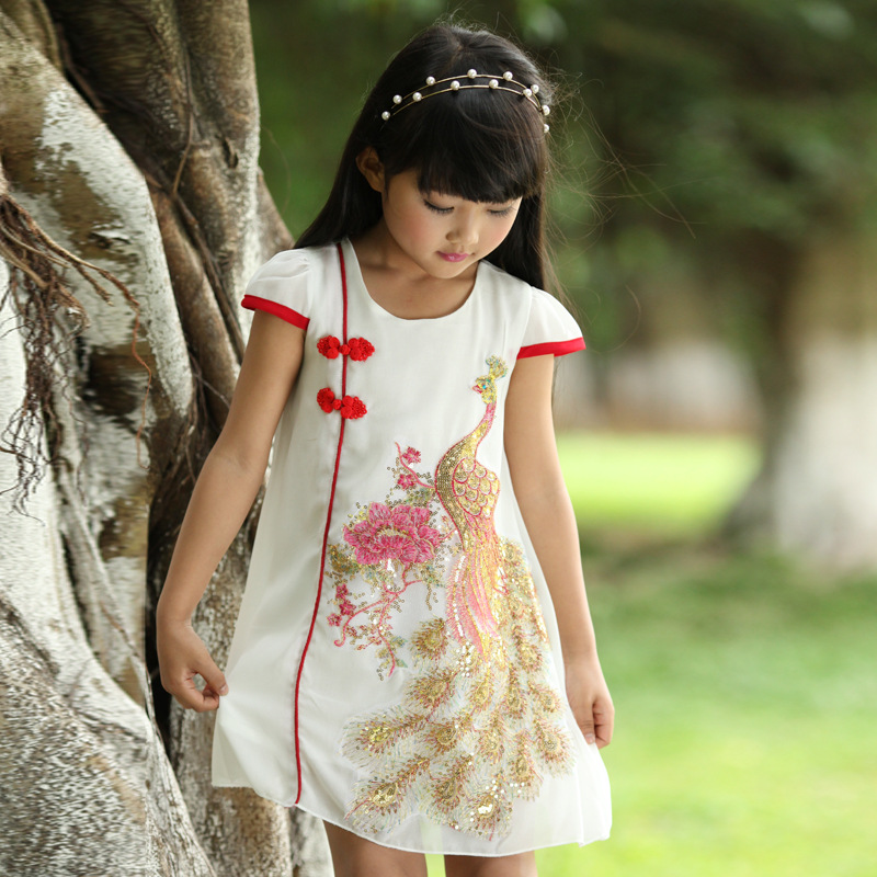 2015童装女童裙子夏款连衣裙中国风凤凰绣花网纱连衣裙民族服饰