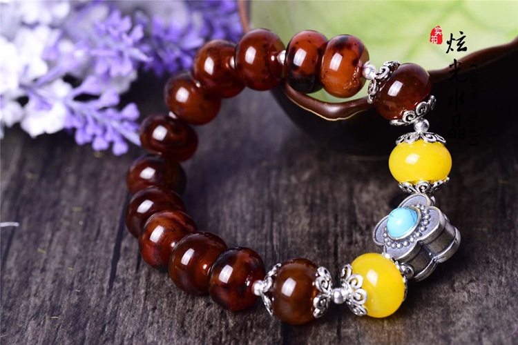 原创天然将军红玛瑙盘珠8*13mm手链纯银景泰蓝四瓣花手串