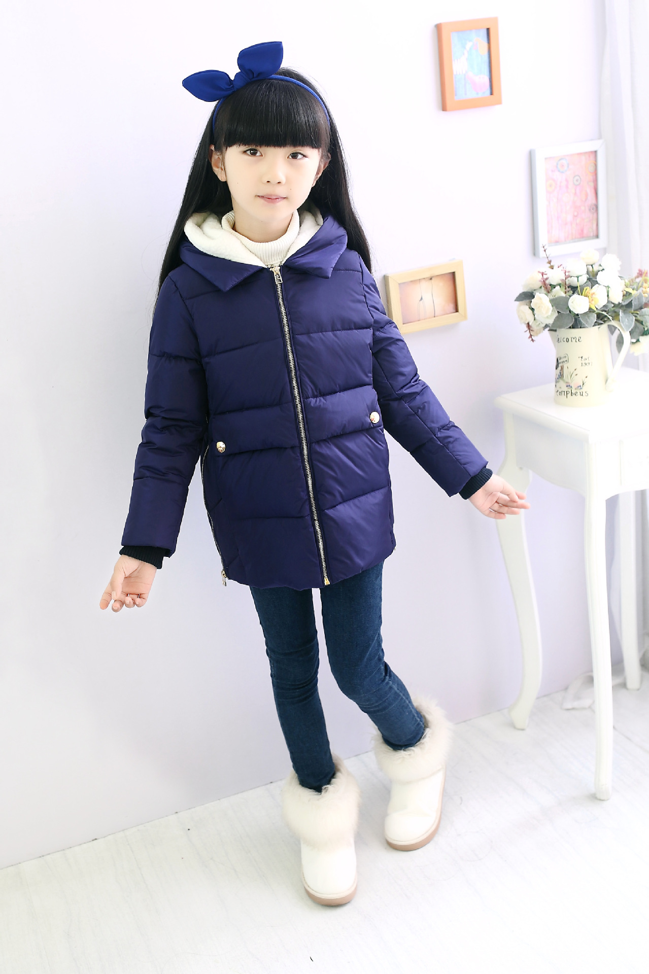 翼皇 女童羽绒服 收腰中长款宝宝羽绒服 韩版纯色带帽羽绒棉服