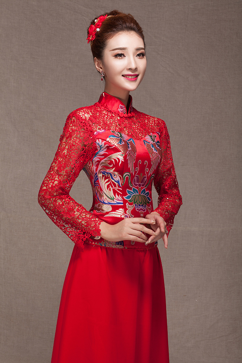 高档中式婚纱旗袍敬酒服加大码长袖新娘结婚礼服红色