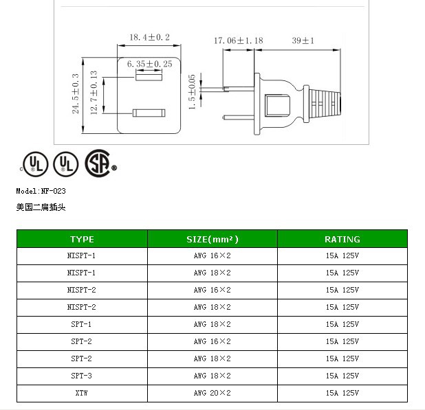 ul美国二插头八字尾电源线