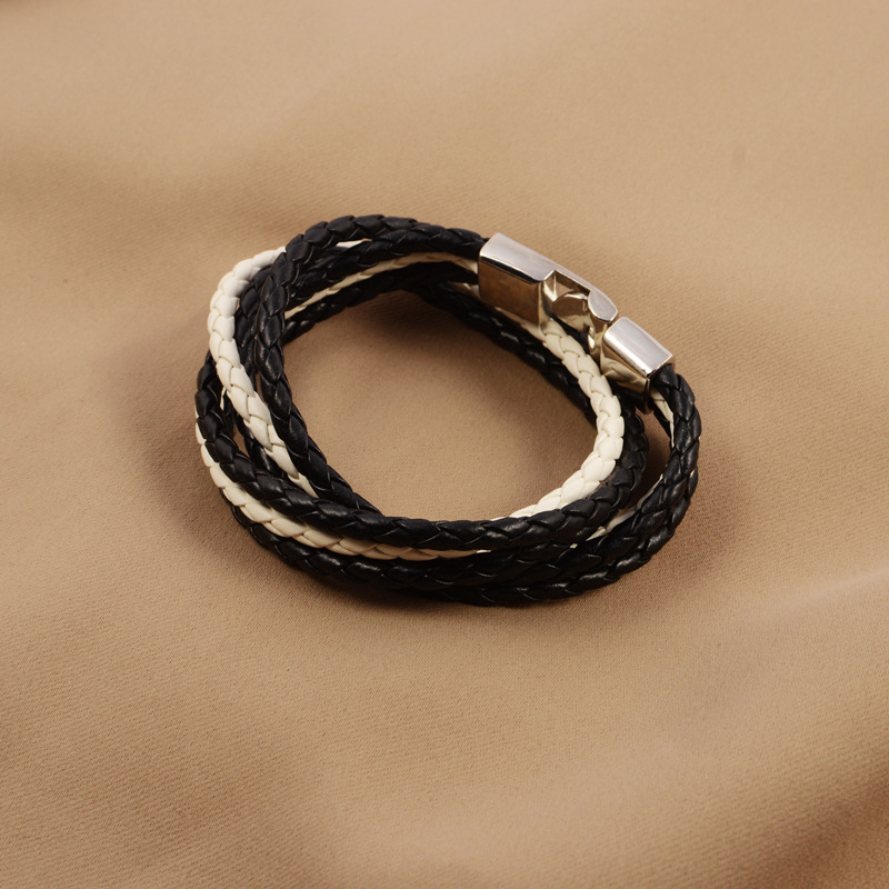 2015年最新款 简约版时尚多层人工编织男士直扣皮手链