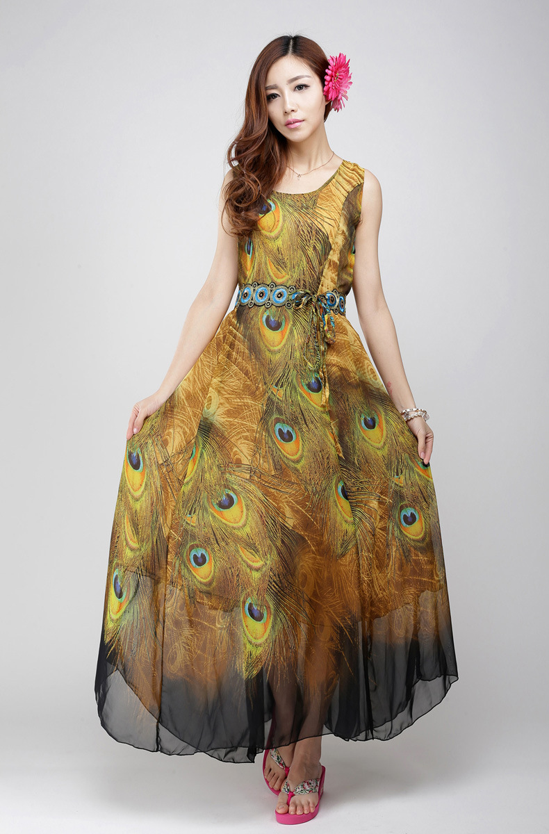 新品2015夏波西米亚雪纺真丝长裙海边度假裙连衣裙孔雀大摆裙 女