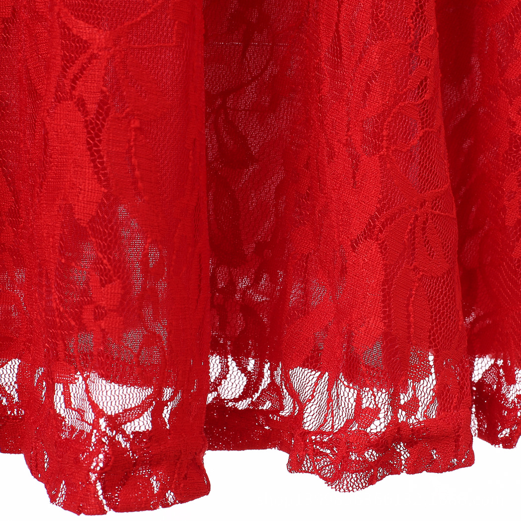 2015夏季新款欧美热卖气质时尚圆领短袖纯红色镂空蕾丝花边连衣裙