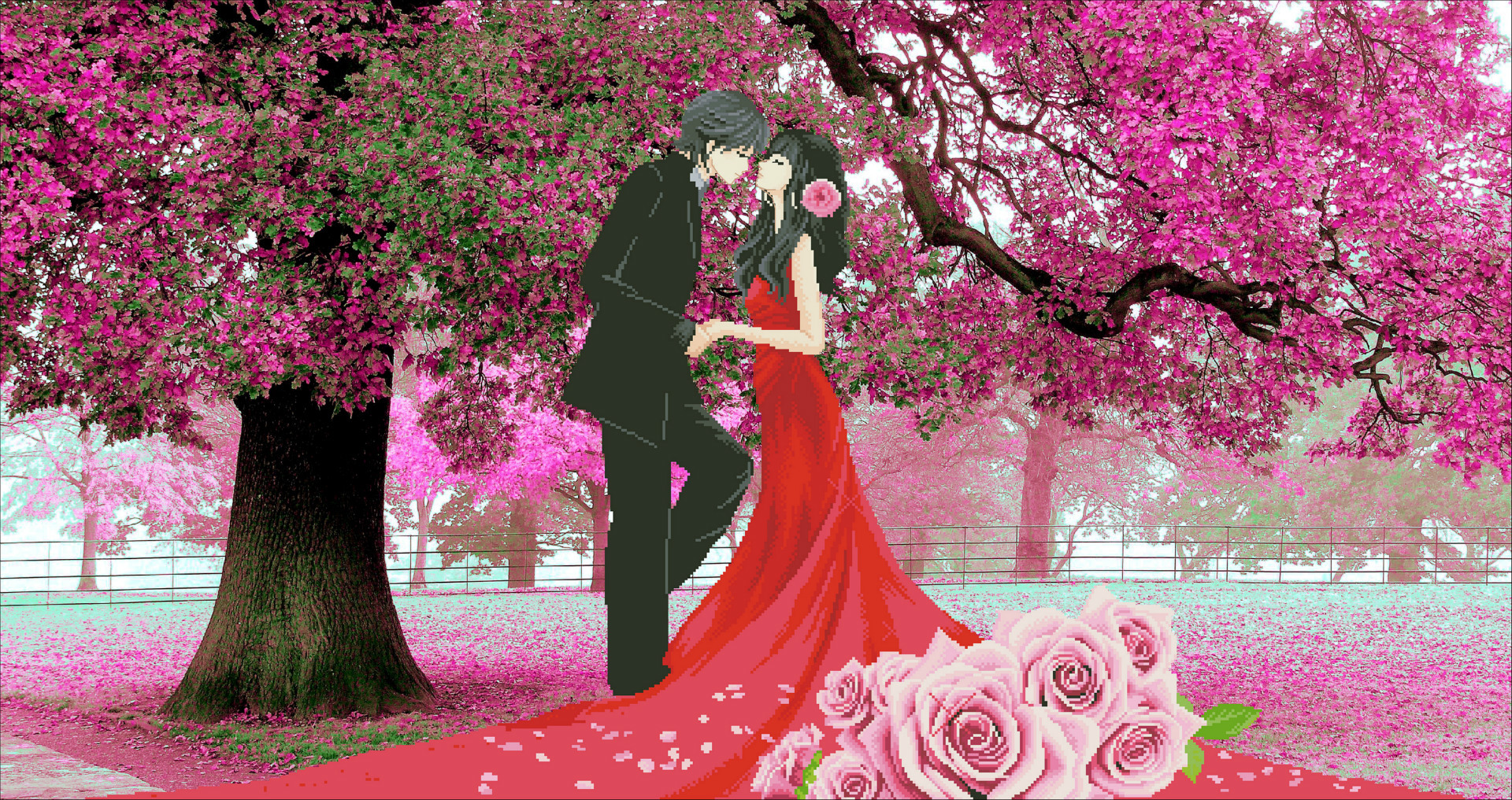 2015十字绣新款客厅 5d钻石画樱花树下的情人水晶圆钻卧室 厂家