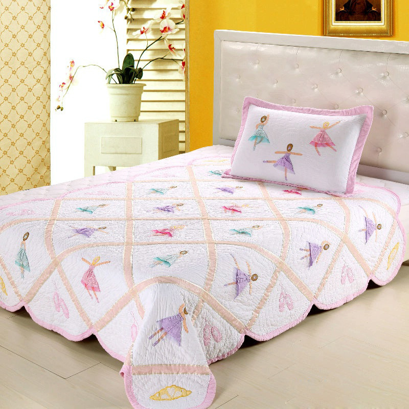 立体贴布绣手工绗缝被两件套 女孩单人床盖 07_ 于天胜床品批发_ 大同