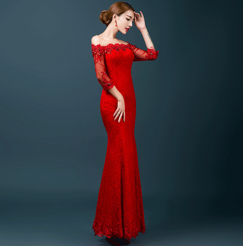 敬酒服新娘时尚 晚礼服长款鱼尾修身一字肩婚纱结婚礼服春夏图片_6