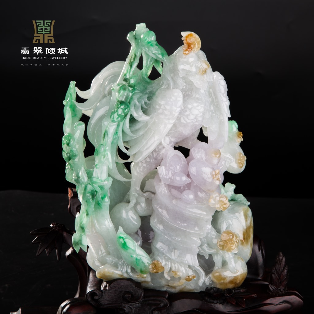 广东肇庆缅甸玉天然翡翠a货 糯冰三彩花鸟翡翠摆件 官上加官 可出证书