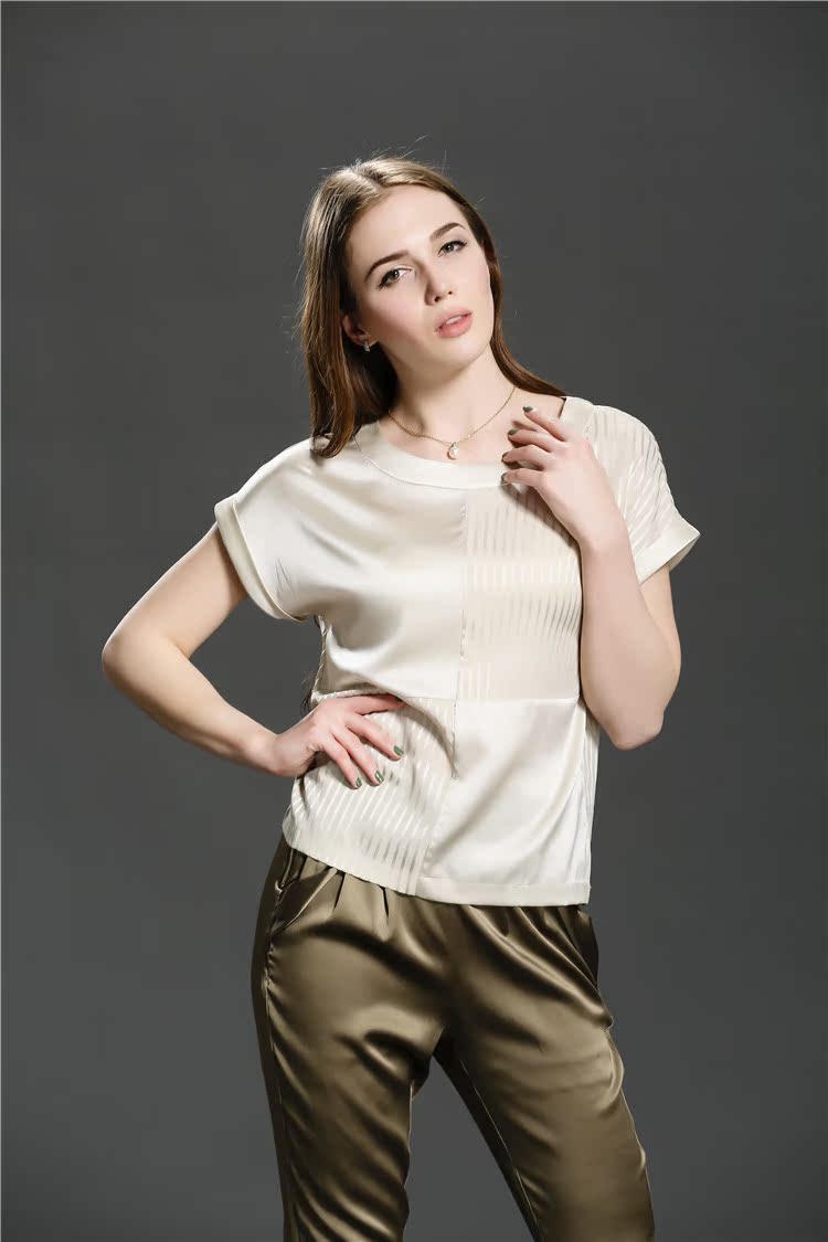 新款夏季名媛真丝短袖t恤女 欧洲站高端女装真丝短袖上衣打底衫图片