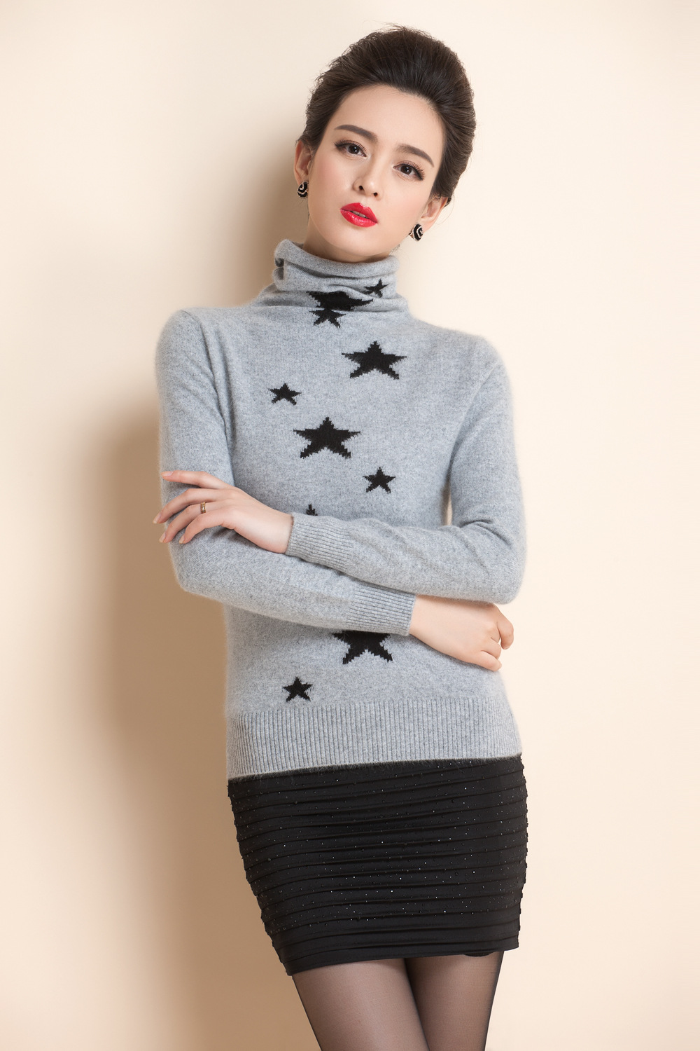 秋冬貂绒衫修身女士貂绒毛衣高领星星衫韩版毛衣紧身打底毛衣包邮