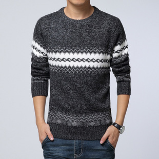 男式秋冬新款圆领套头毛衣菱形波浪纹花毛针织衫麻点男士毛线衣