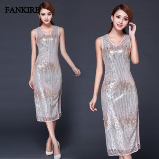 无袖金黄色连衣裙