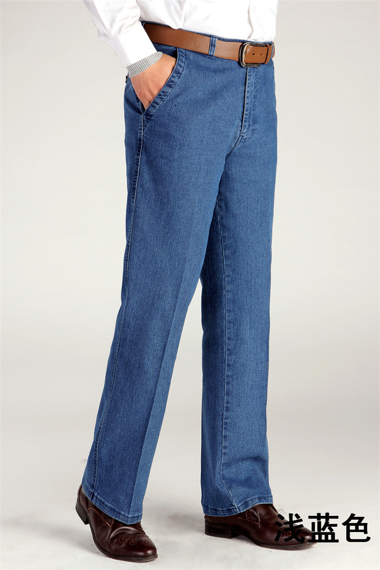 春夏高腰深档长裤子中老年男士牛仔裤加肥加大码弹力直筒薄厚两款