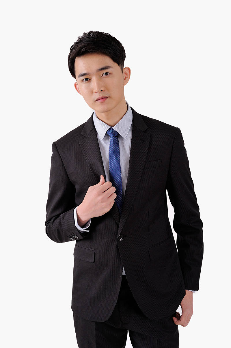 bomvey 男西服 韩版修身一粒扣 男式西装 商务定制 黑色间细条款