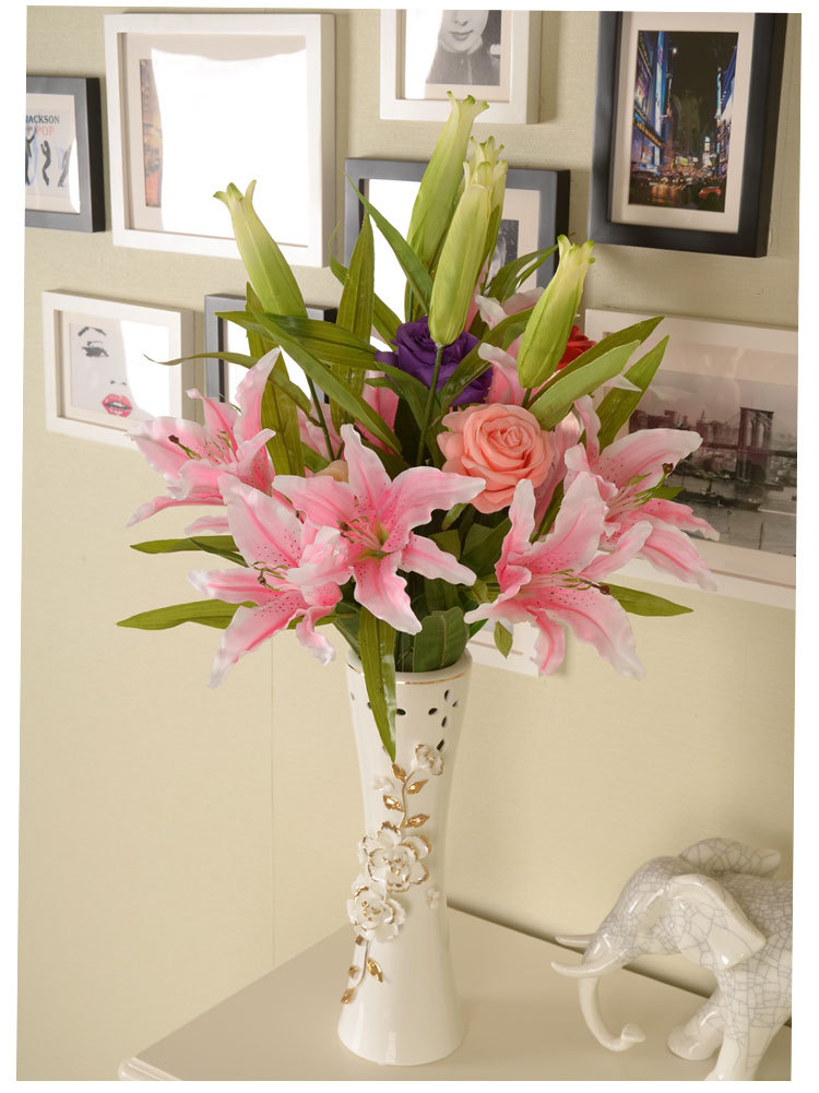 3头虎皮百合 香水百合落地 装饰花 客厅插花 田园绢花 客厅摆设