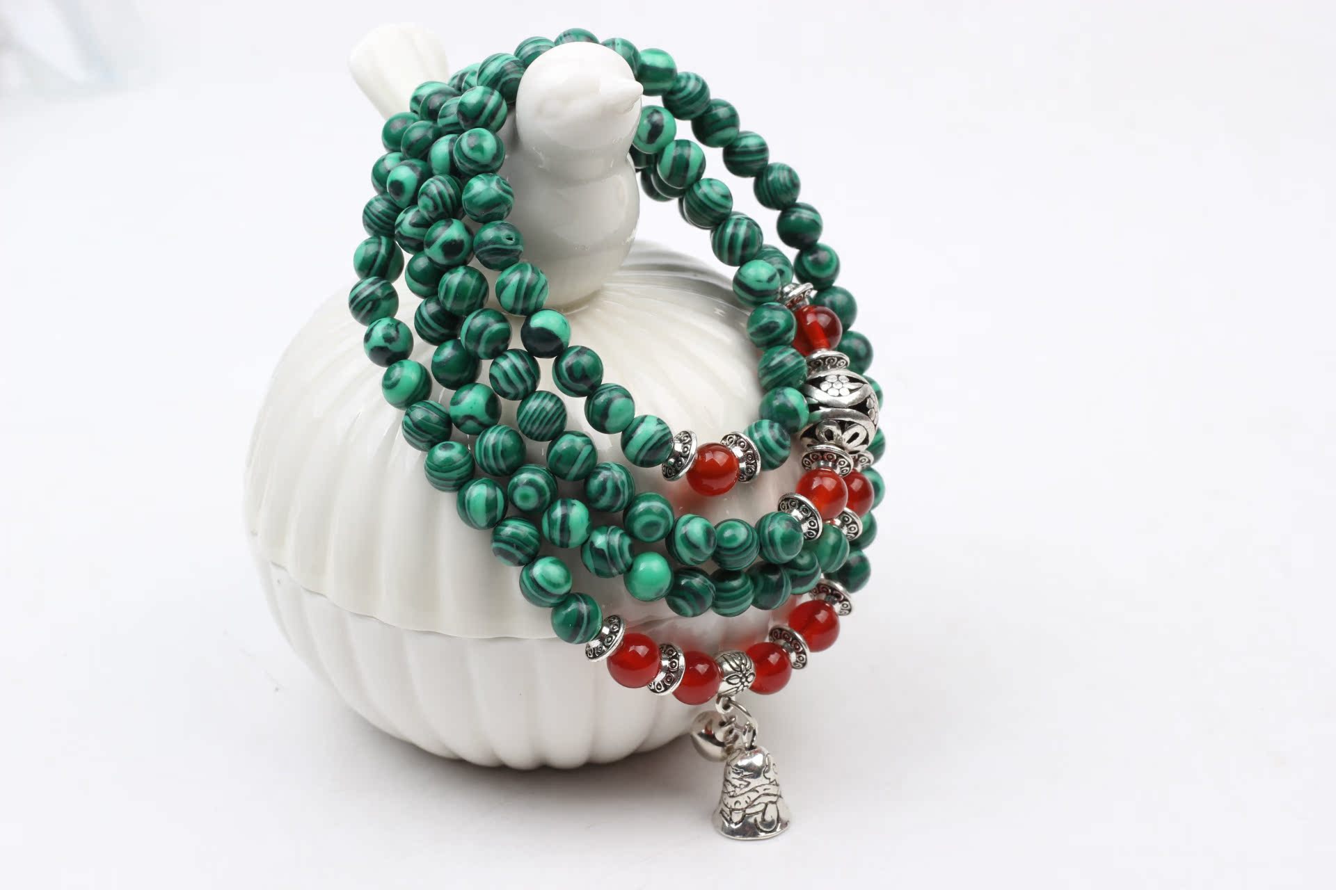 天然水晶 孔雀石佛教108颗佛珠配红玛瑙手链孔雀大明王佛珠手