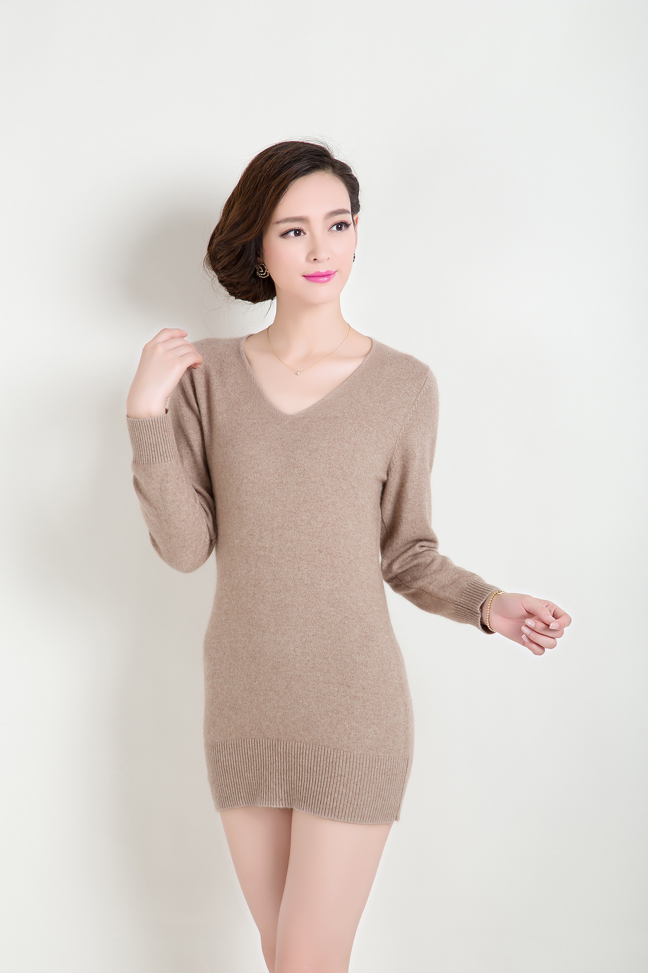 恒源祥2015春季新款女士羊绒衫 v领修身羊绒打底衫中长款羊绒衫