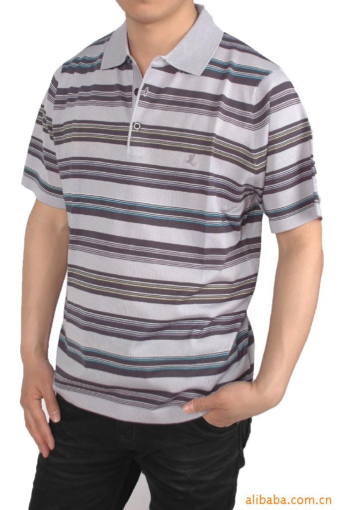 专柜正品2010男装三利桑蚕丝短袖t恤 条纹翻领